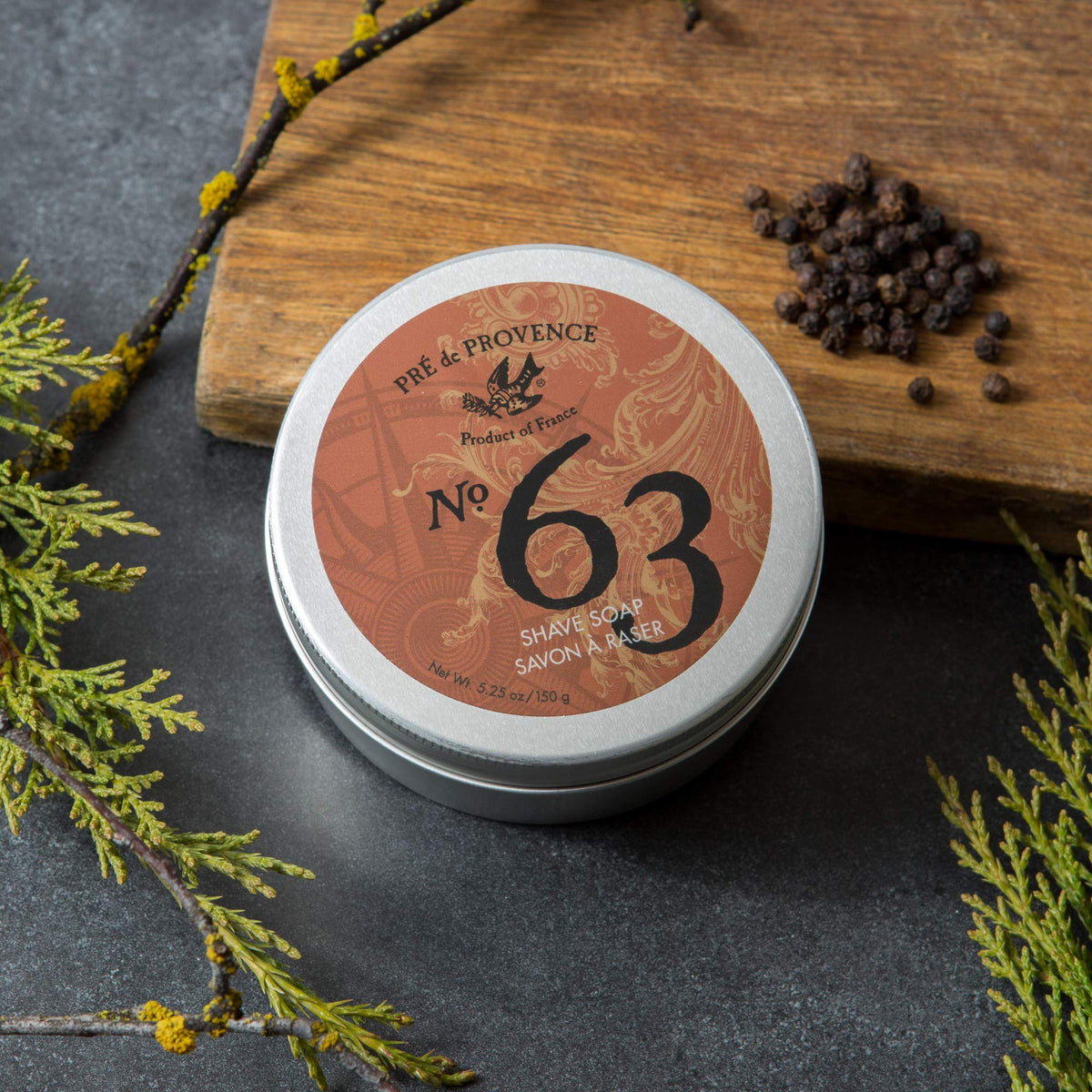 Pre de Provence No.63 cedar-plum notes enhance masculine aroma on the go.
