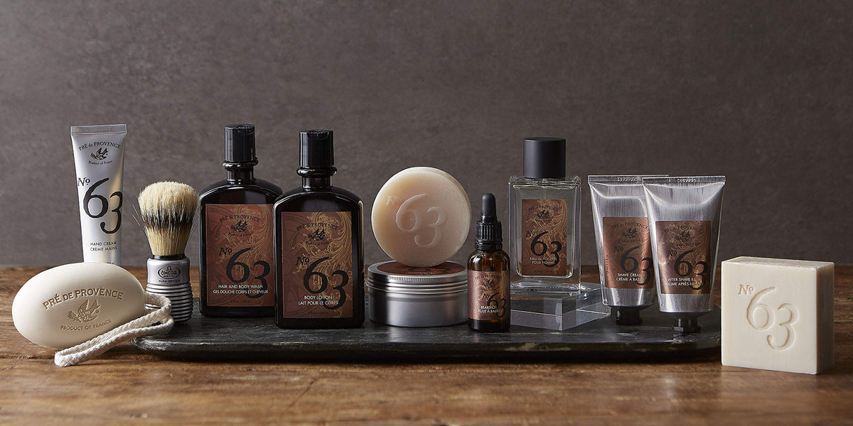 Pre de Provence No.63 shower gel bottle, refreshing masculine cleanse.