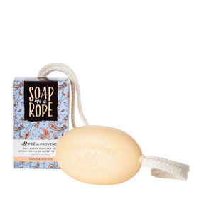 Pre de Provence sandalwood soap on a rope packaging close-up for gifting and luxury appeal