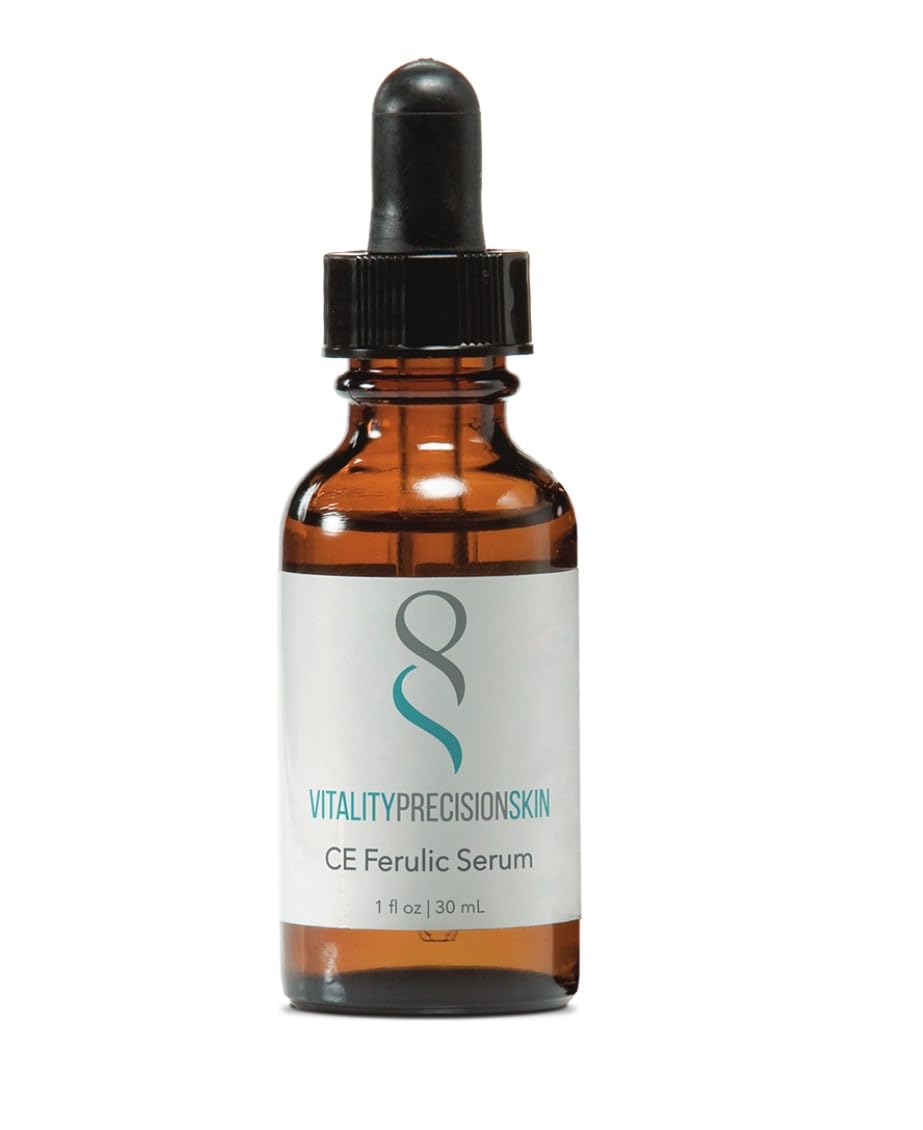 Precision Skin RX VITALITY CE Ferulic Serum bottle close-up for daily antioxidant support.