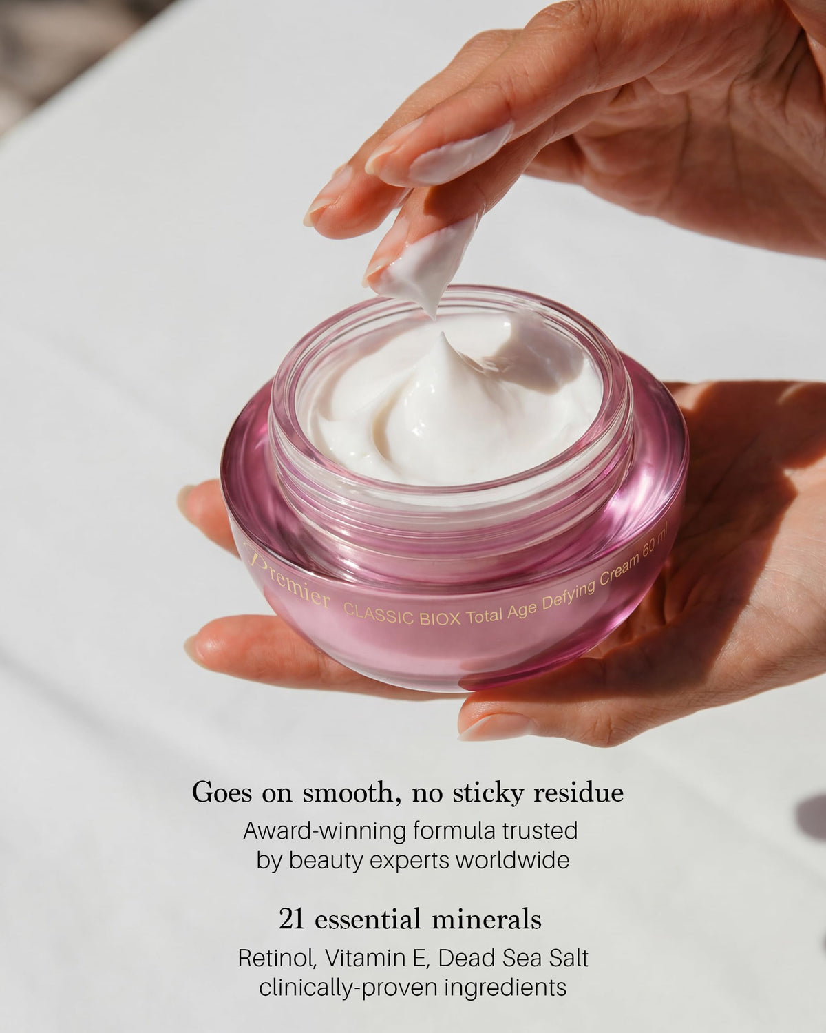 Premier BioX cream application demonstrates a non-greasy finish suitable for routine use.