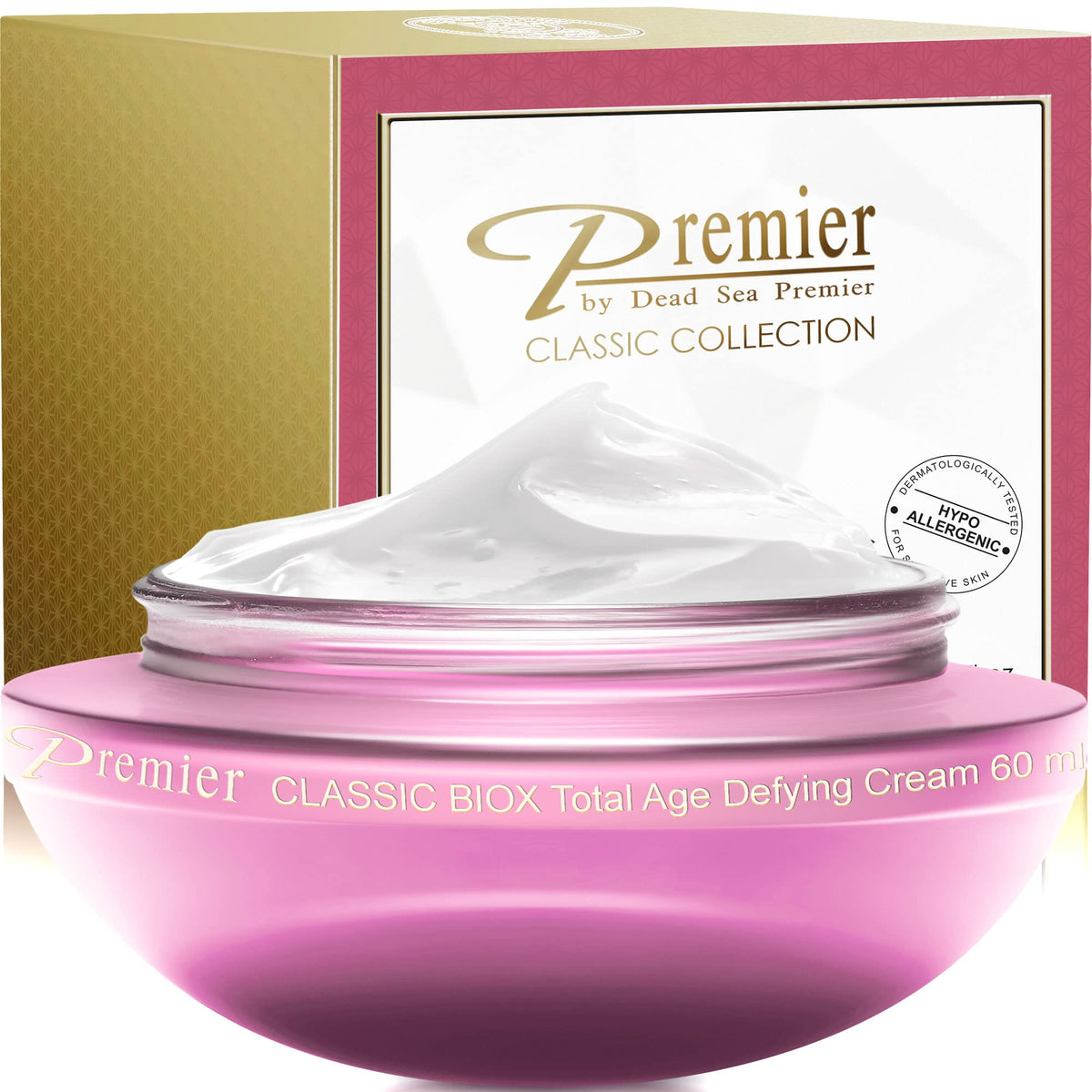 Premier BioX cream jar close-up highlighting creamy texture for hydration.