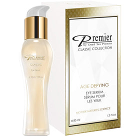 Premier Dead Sea Classic Eye Serum bottle on vanity for gentle under-eye hydration.