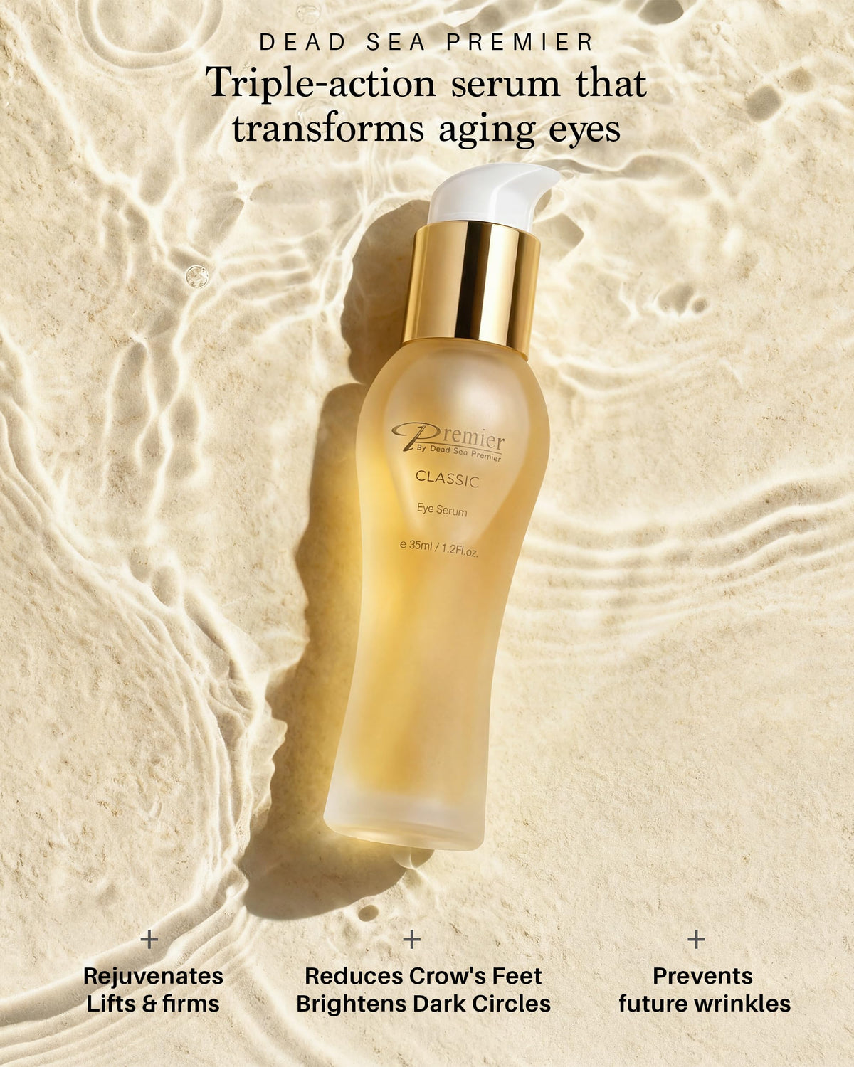 Premier Dead Sea Classic Eye Serum packaging close-up highlighting minerals for nourishing skin.