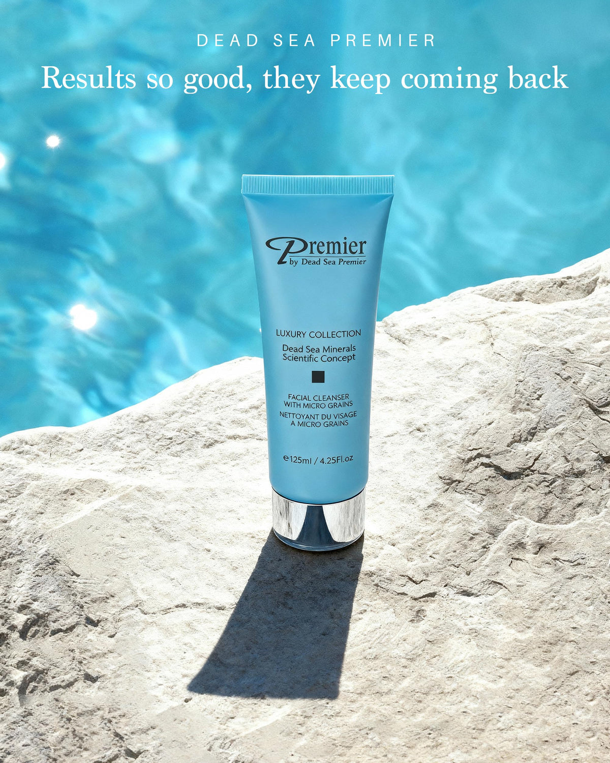 Premier Dead Sea cleanser bottle design emphasizes luxury and easy dispensing.