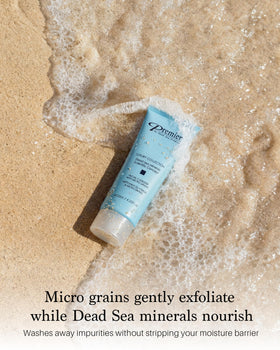 Premier Dead Sea cleanser foaming lather demonstrates gentle cleansing for all skin types.