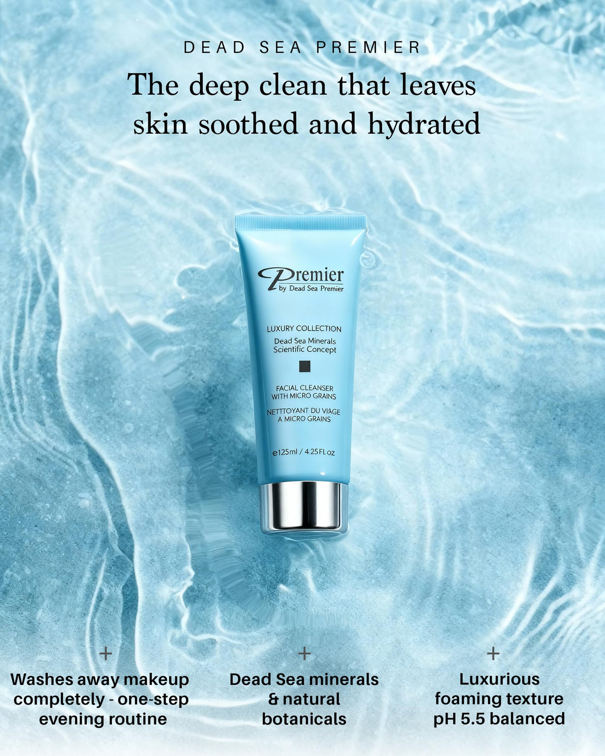 Premier Dead Sea cleanser micro grains illustrate exfoliation without irritation.