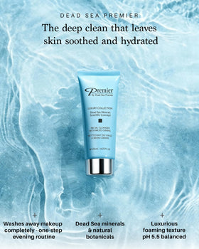 Premier Dead Sea cleanser micro grains illustrate exfoliation without irritation.