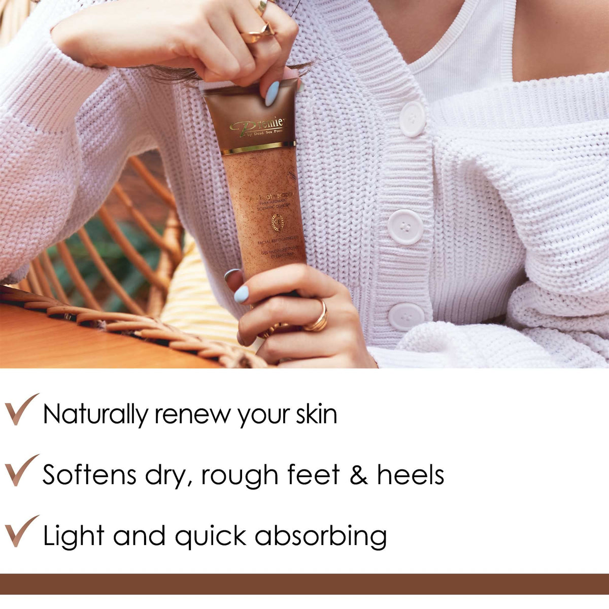 Premier Dead Sea Face Scrub application shot highlighting smoothing action for soft skin