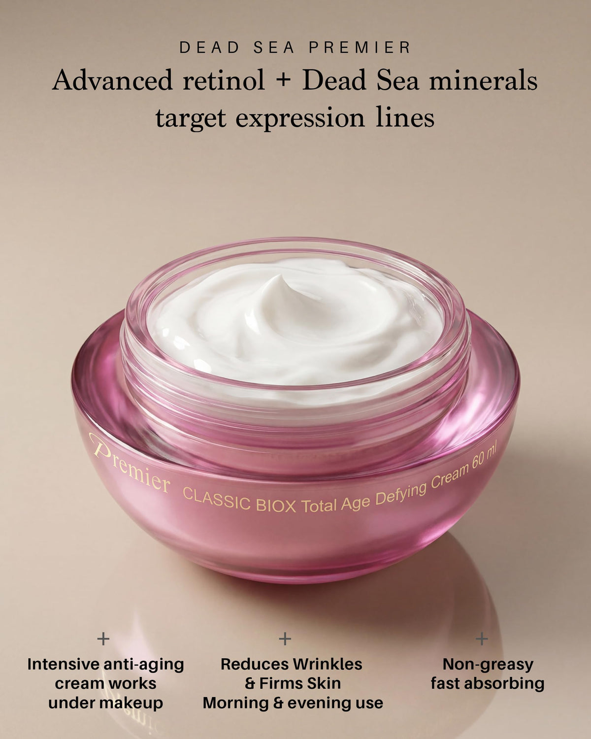 Premier Dead Sea minerals bottle with label highlights mineral-rich formula.