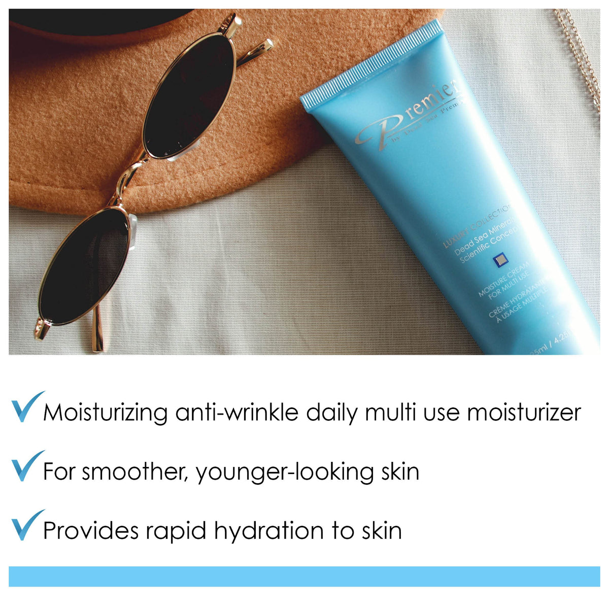 Texture close-up of Premier Dead Sea Moisture Cream showing a creamy, quick-absorbing formula.