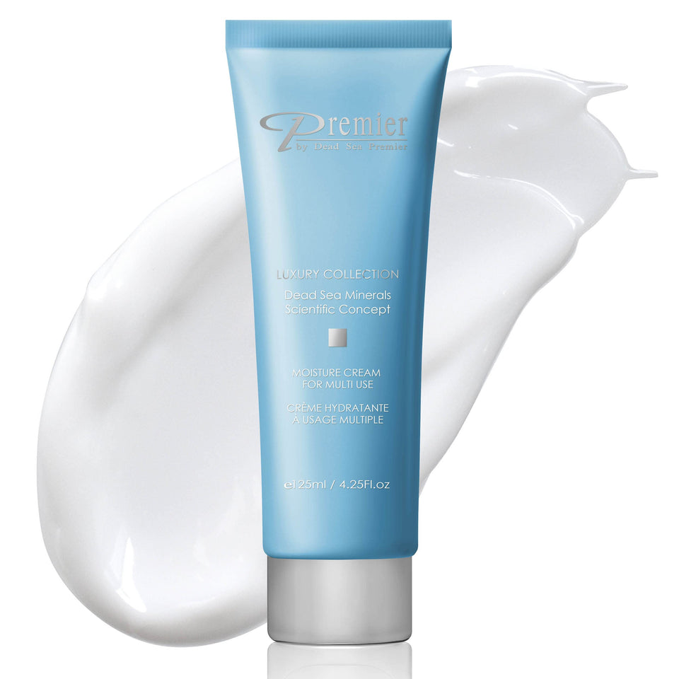 Premier Dead Sea Moisture Cream bottle for face and body, lightweight hydration for daily use.