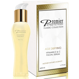 Premier Dead Sea Vitamin C Serum bottle highlights brightening and mineral-rich benefits.