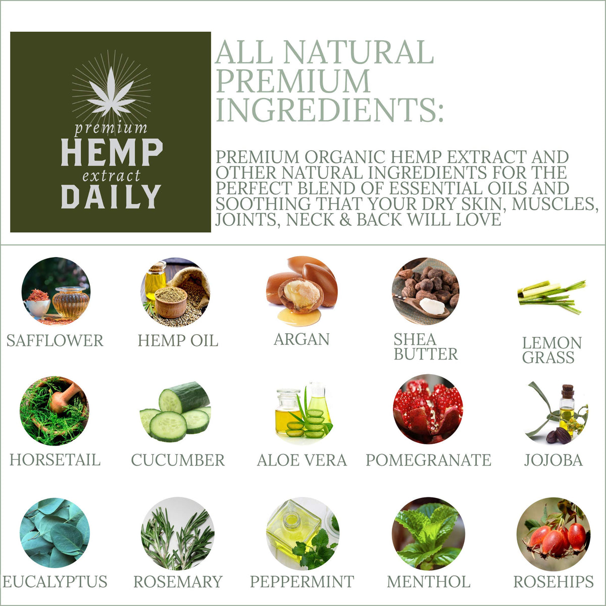 Premium Hemp Extract Daily ingredients include jojoba, argan, cucumber, and rosehip