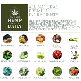 Premium Hemp Extract Daily ingredients include jojoba, argan, cucumber, and rosehip