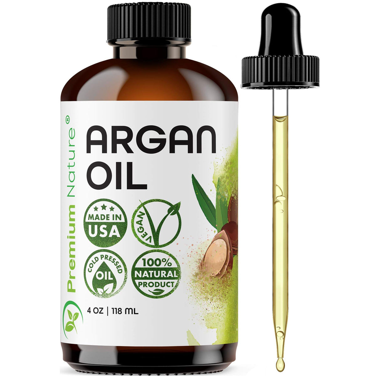 Premium Nature Argan Oil bottle showcases pure, multipurpose oil for hair and skin.