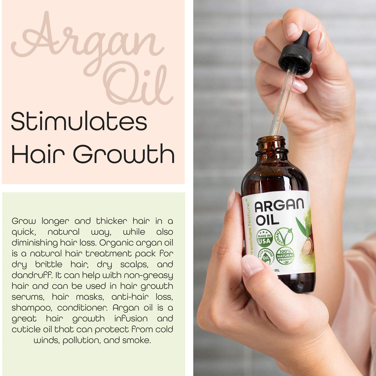 Premium Nature Argan Oil dropper highlights precise application for beauty routines.