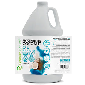 Close-up of Premium Nature fractionated coconut oil bottle showing clear, liquid texture.