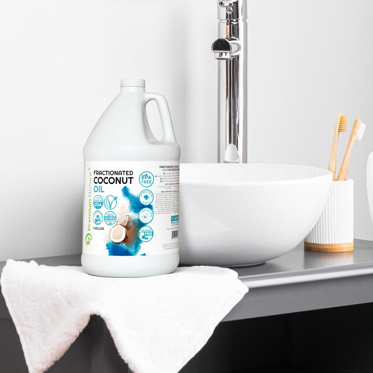 Premium Nature fractionated coconut oil for face, hair, and body providing versatile hydration.