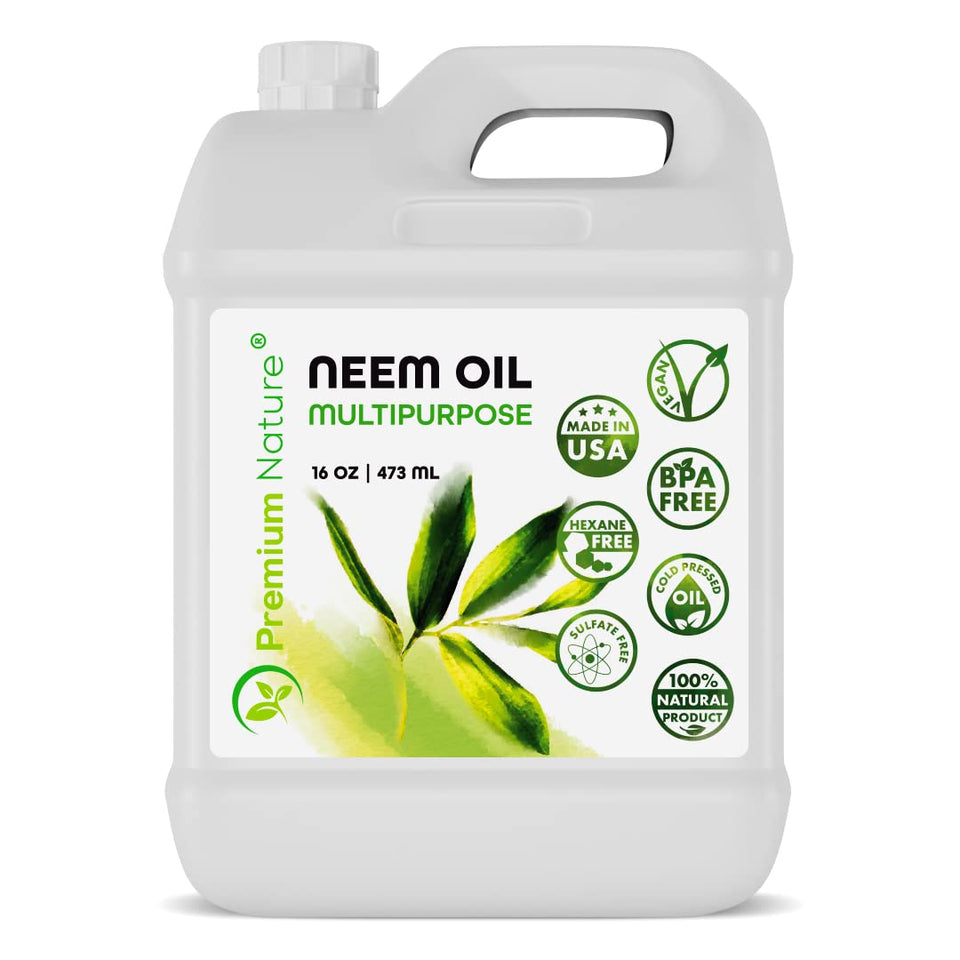 Premium Nature Neem Oil bottle, 16 oz, pure cold-pressed for skin and hair care.