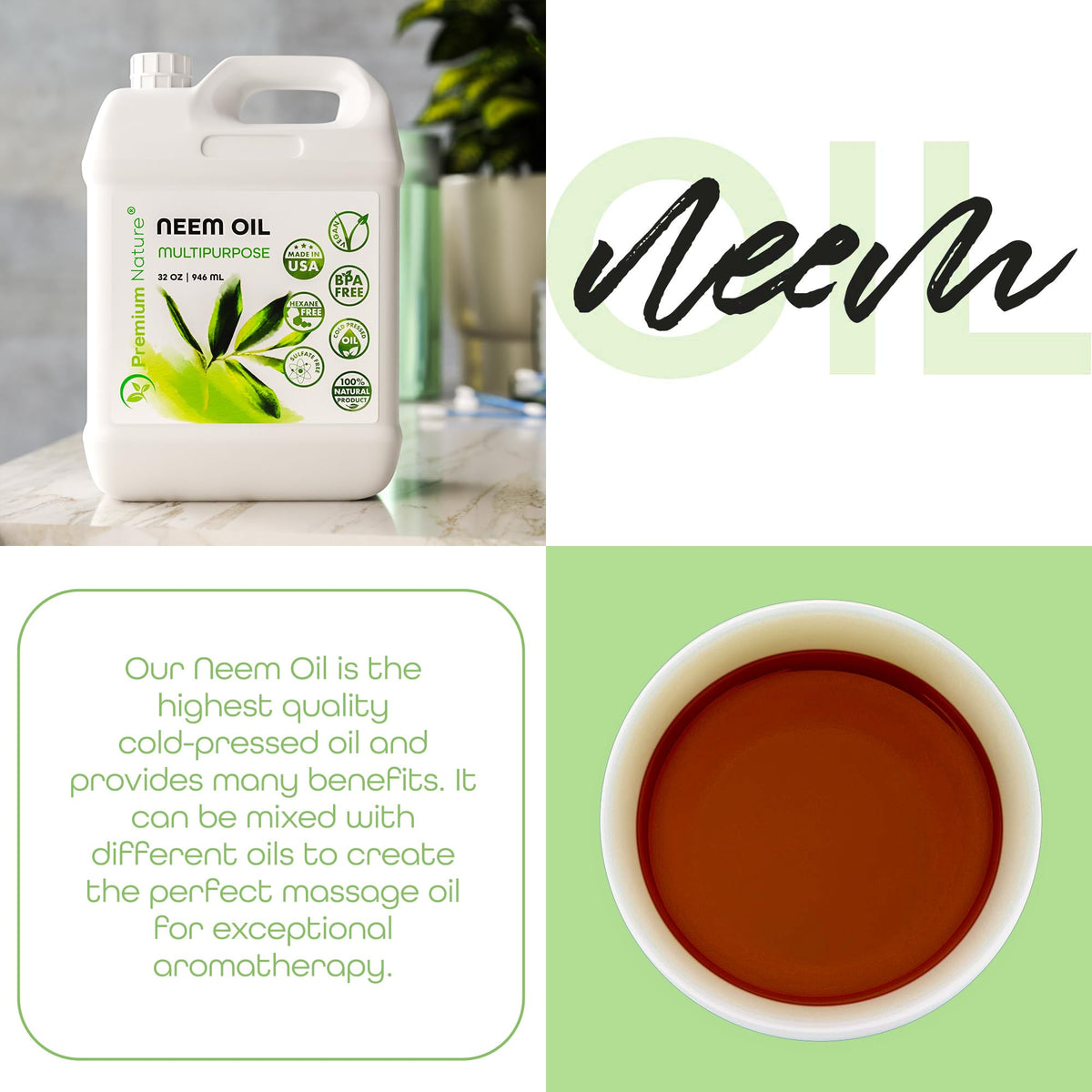 Premium Nature Neem Oil provides deep hydration for smoother skin and hair