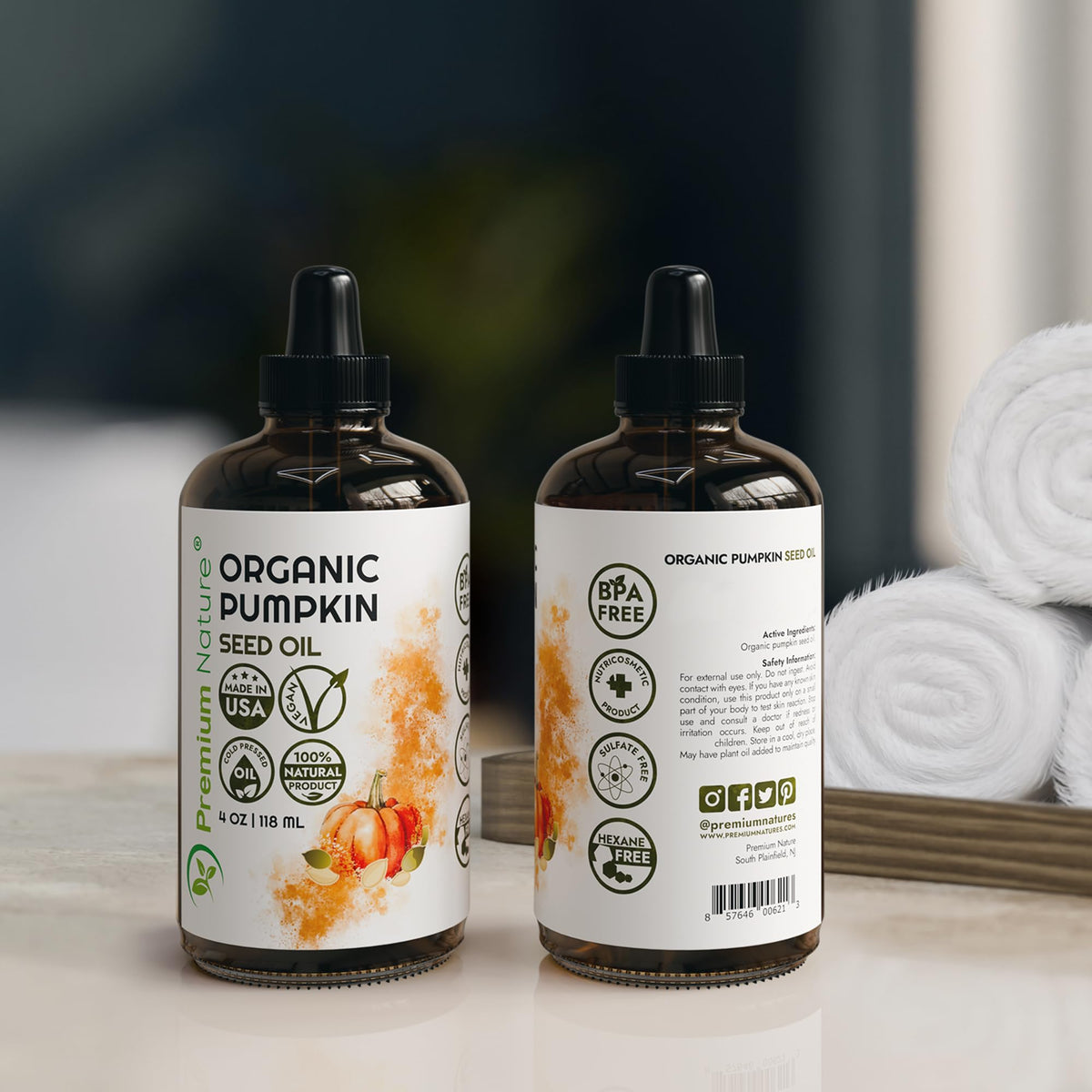 Premium Nature pumpkin seed oil ingredient label shows cold-pressed purity.