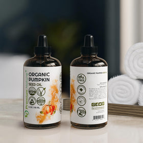 Premium Nature pumpkin seed oil ingredient label shows cold-pressed purity.