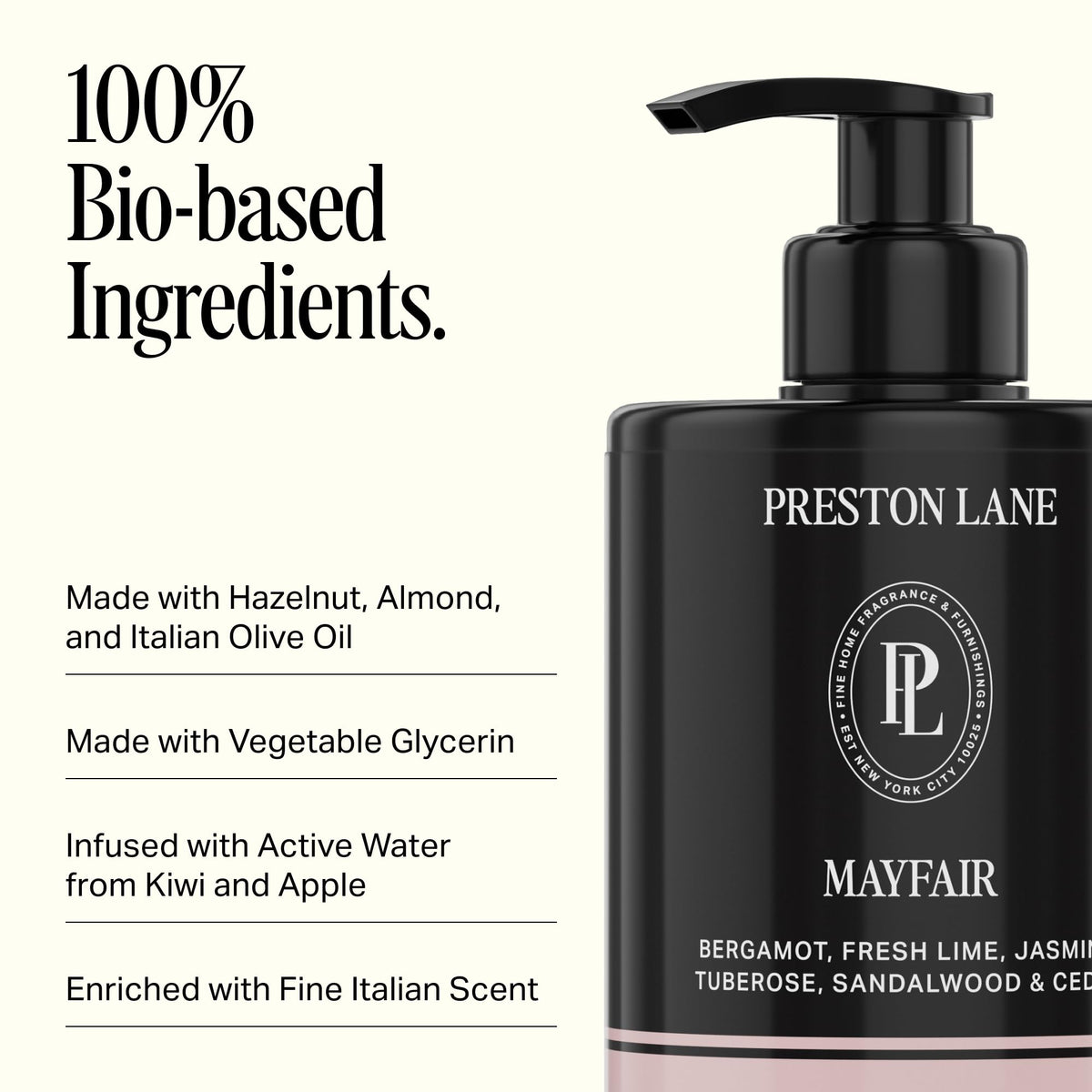 Nourishing oils from almonds, olives, and hazelnuts in Preston Lane hand wash