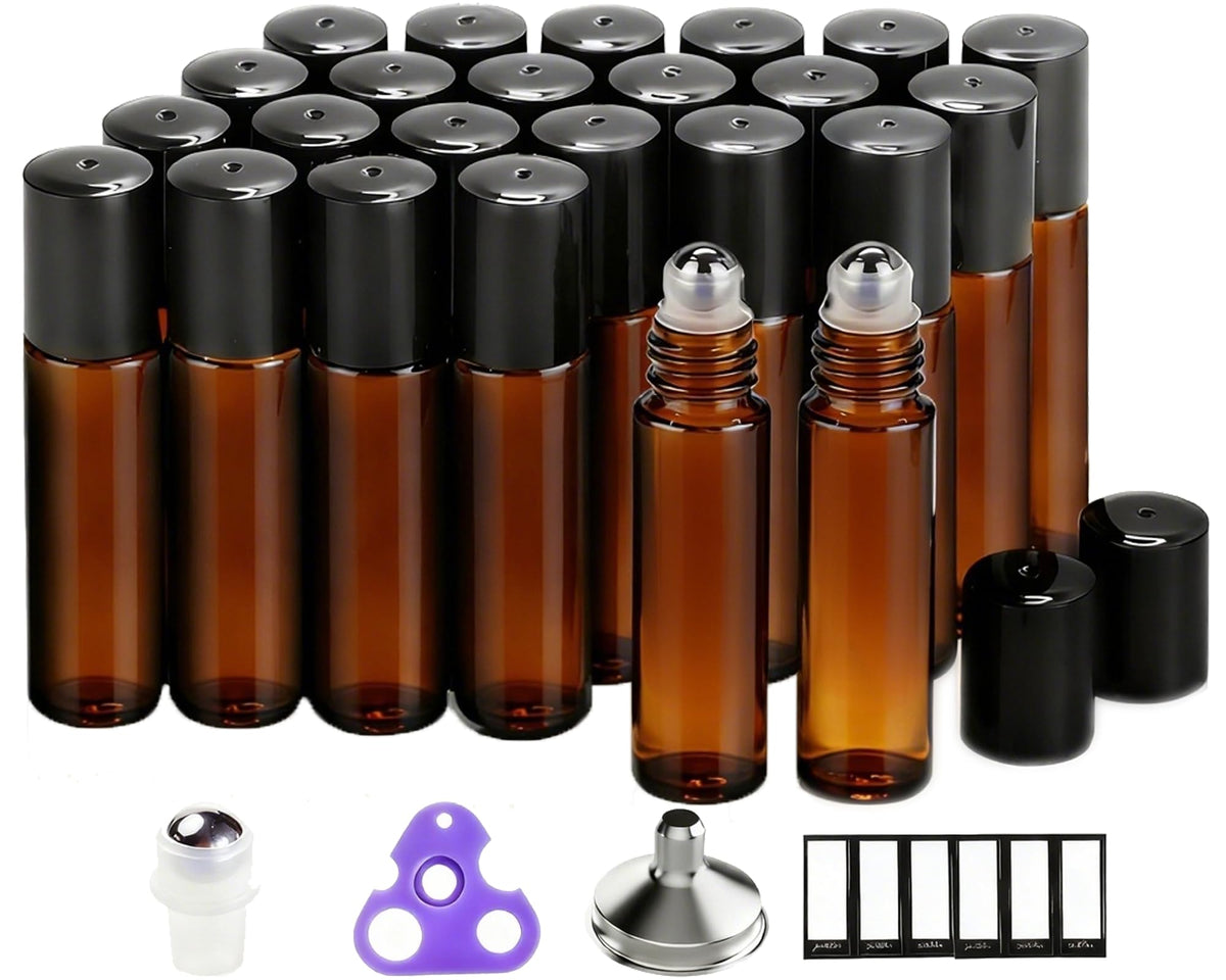 PrettyCare amber glass roller bottle 10ml set protects oils from light during travel.