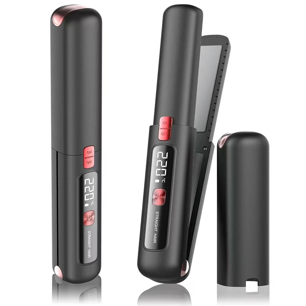 Prettrans cordless 2-in-1 hair straightener and curler for on-the-go styling.