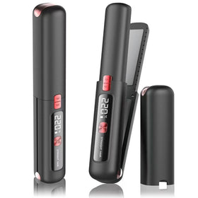 Prettrans cordless 2-in-1 hair straightener and curler for on-the-go styling.