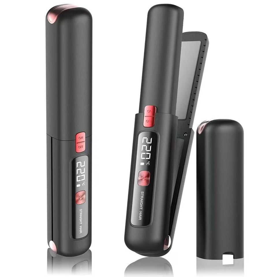 Prettrans cordless 2-in-1 hair straightener and curler for on-the-go styling.