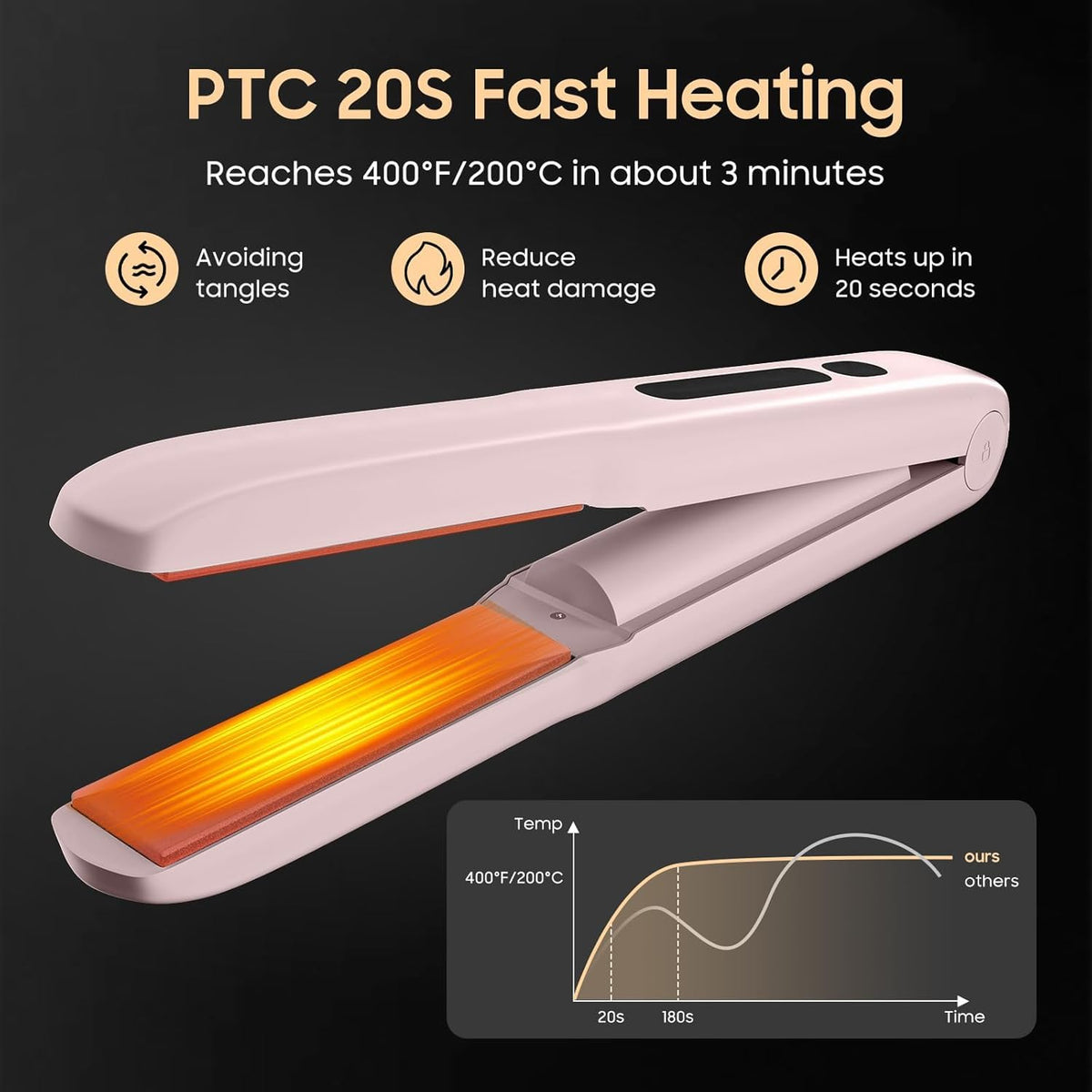 Prettrans cordless hair straightener pink curl-function demo for versatile styles.