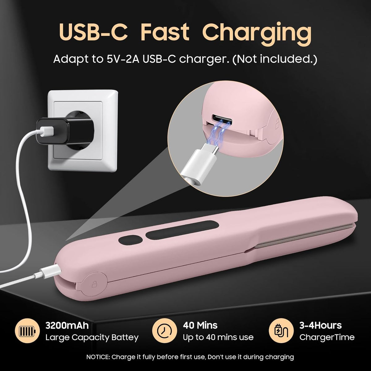 Prettrans cordless hair straightener pink USB Type-C recharge port for flexible charging.