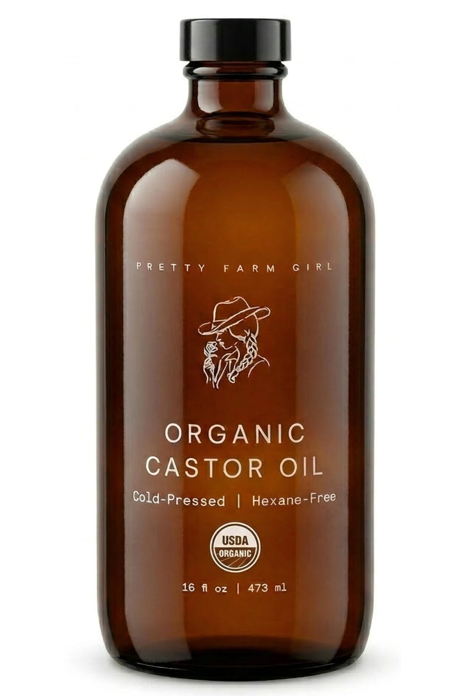 Pretty Farm Girl castor oil bottle front in amber glass preserves potency for long-lasting use.