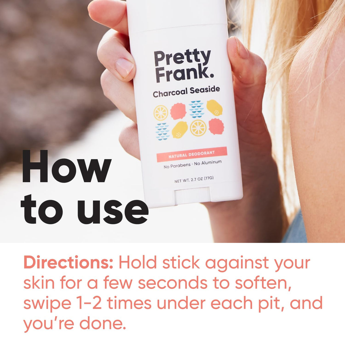 Pretty Frank Charcoal Seaside cruelty-free badge emphasizes ethical skincare.