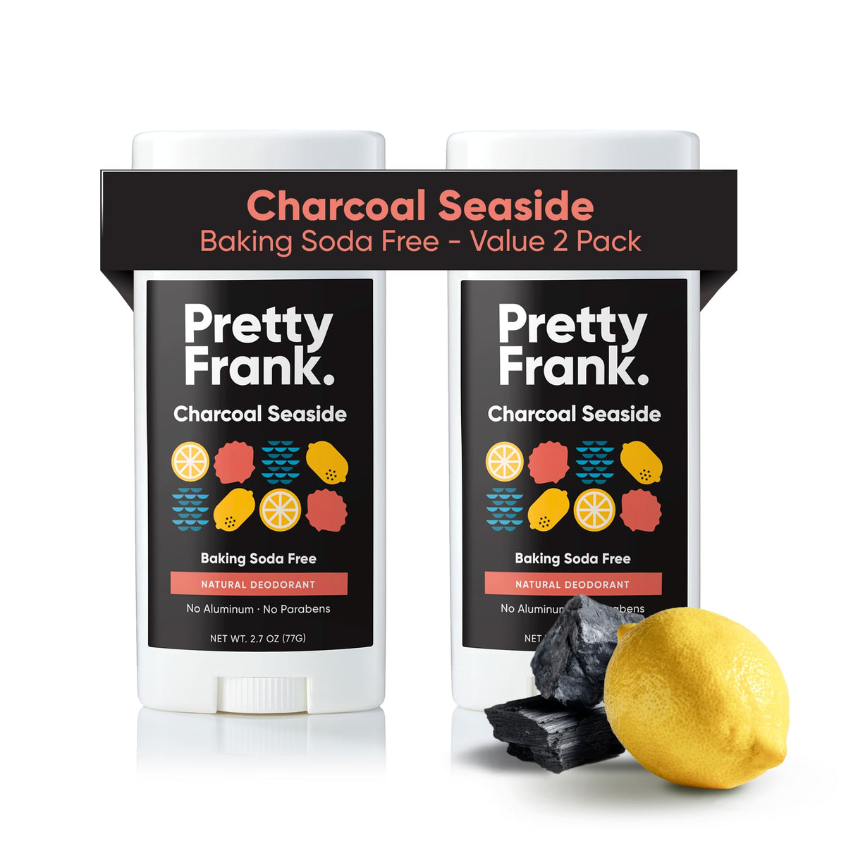 Pretty Frank Charcoal Seaside deodorant stick front view, aluminum-free protection for sensitive skin.