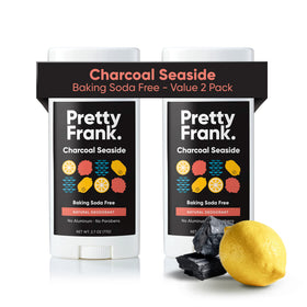Pretty Frank Charcoal Seaside deodorant stick front view, aluminum-free protection for sensitive skin.