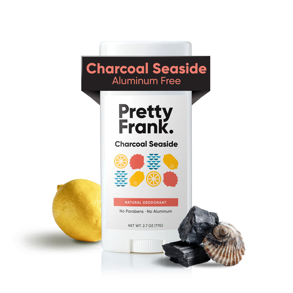 Pretty Frank Charcoal Seaside deodorant stick top view for long-lasting odor control.
