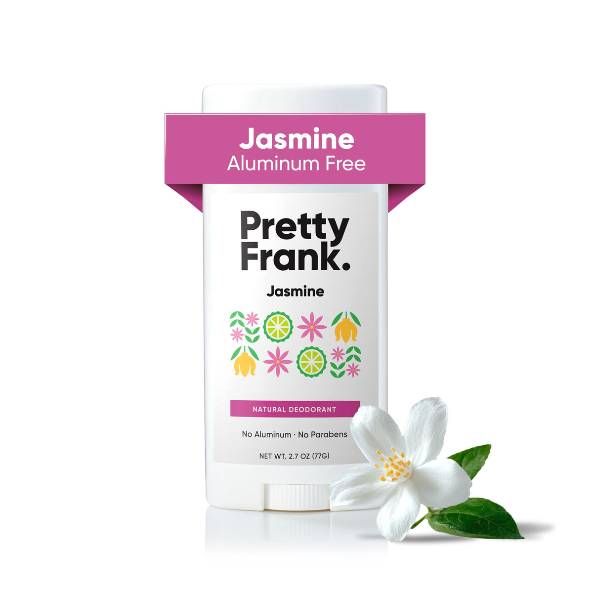 Pretty Frank Jasmine deodorant stick packaging highlights aluminum-free protection