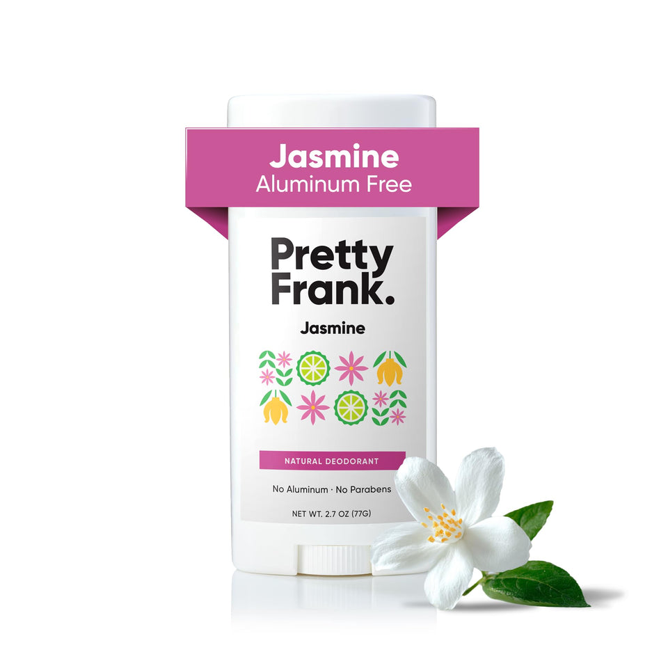 Pretty Frank Jasmine deodorant stick packaging highlights aluminum-free protection