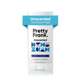 Pretty Frank unscented deodorant stick front view showing aluminum-free formula for all-day odor protection.