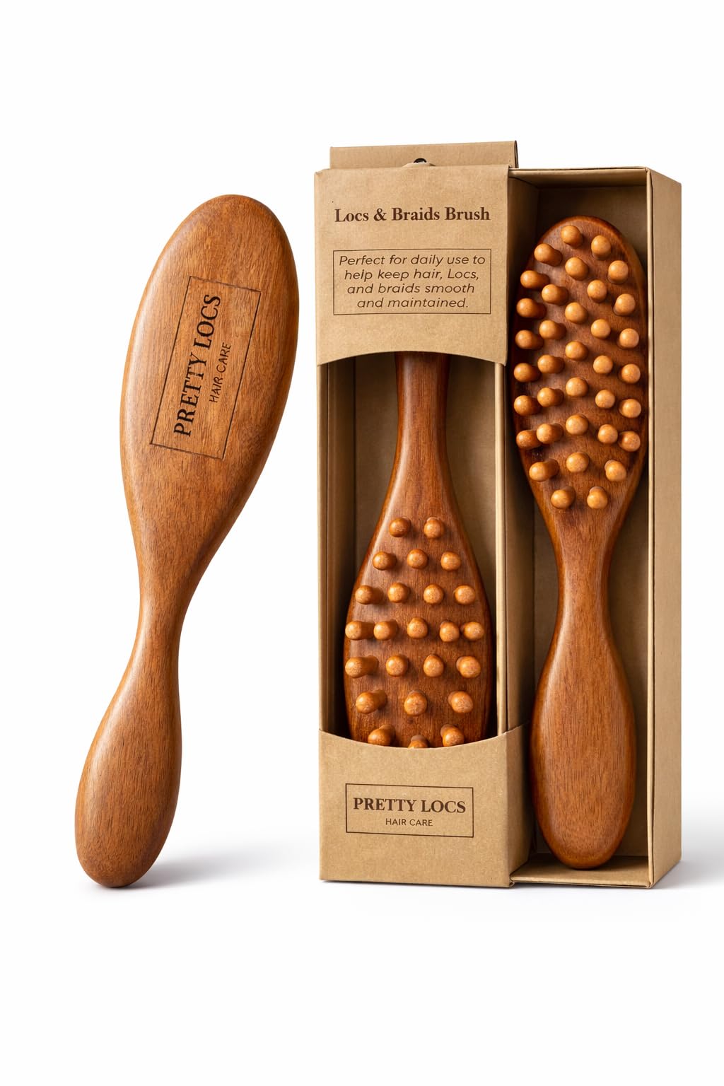 Pretty Locs brush with round bristle tips detangles snag-free and gently.