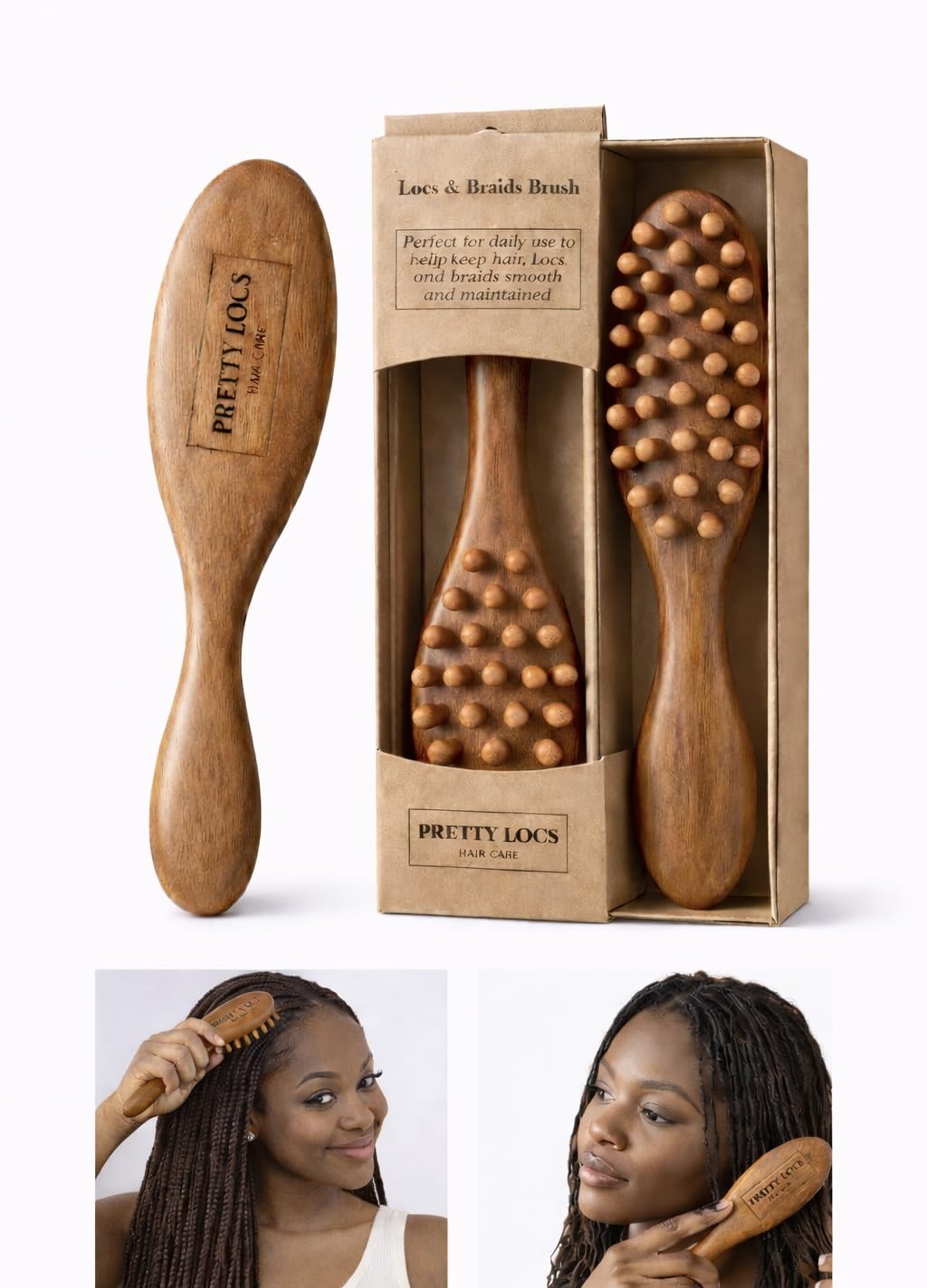 Pretty Locs brush with sandalwood handle smooths locs and refreshes styles.