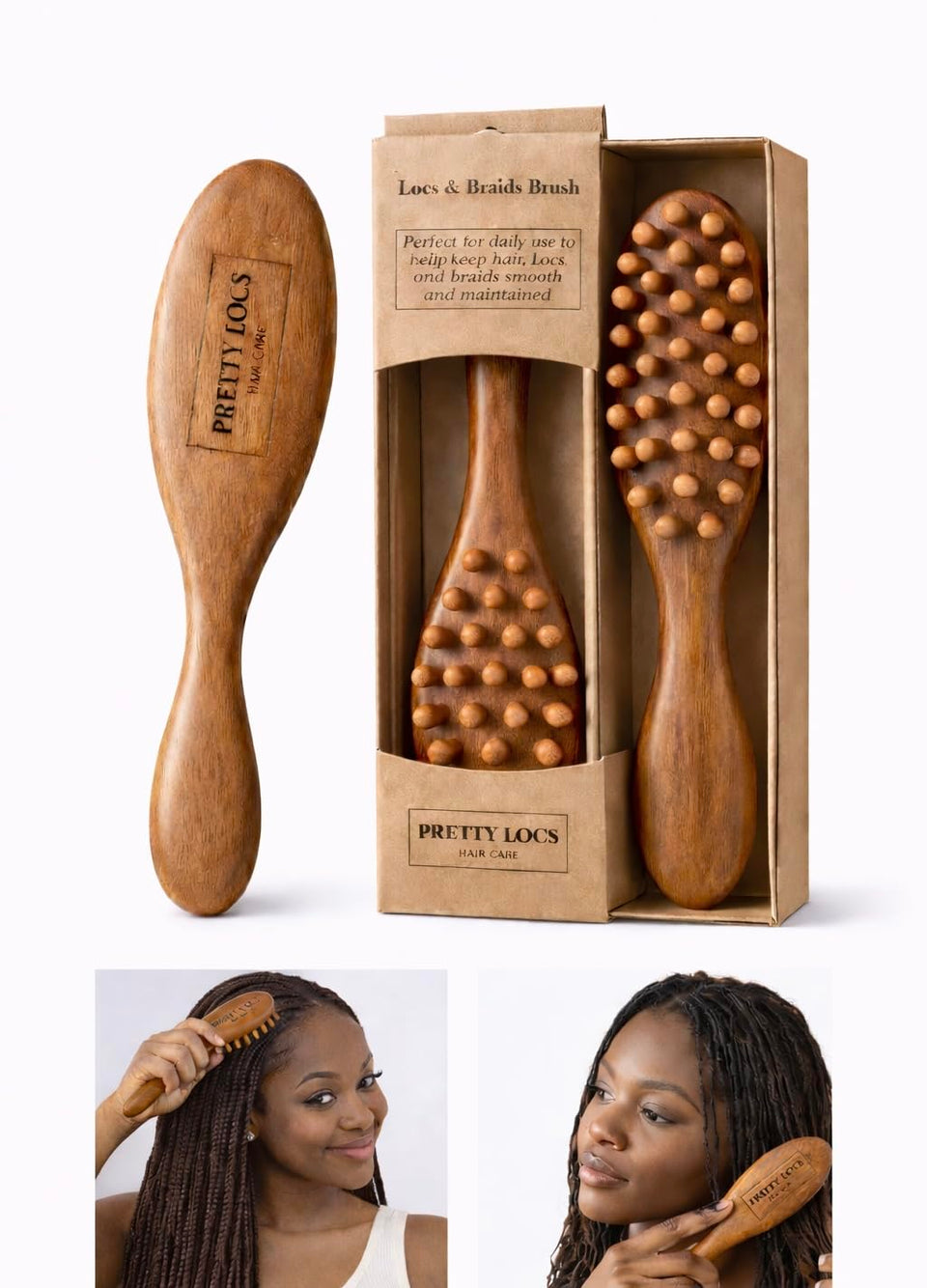 Pretty Locs brush with sandalwood handle smooths locs and refreshes styles.