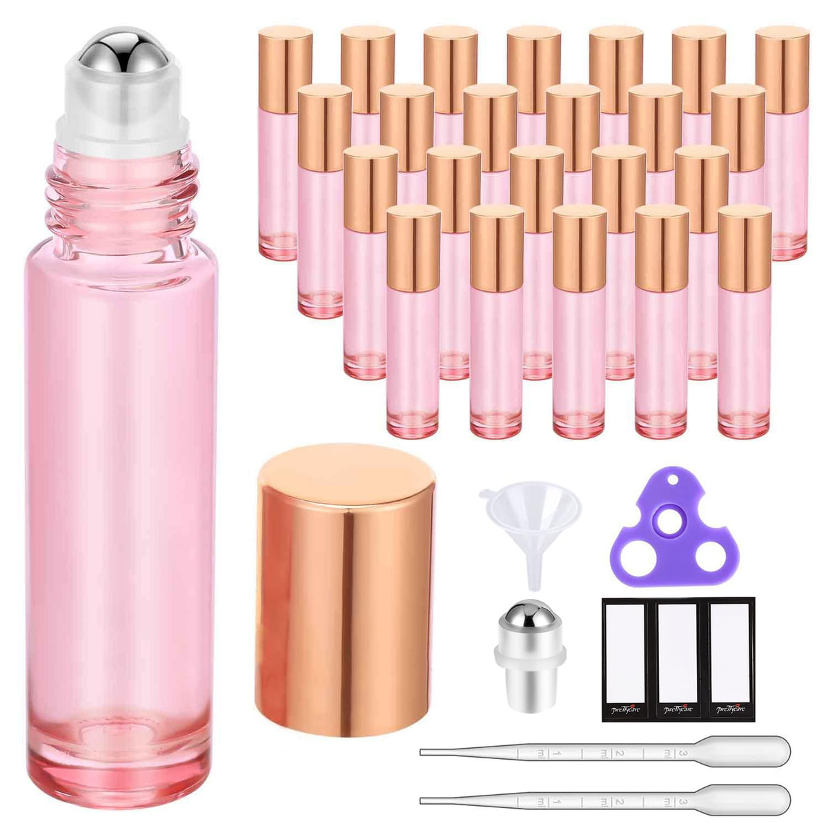 PrettyCare pink glass roller bottles with leak-proof caps for travel-friendly storage.