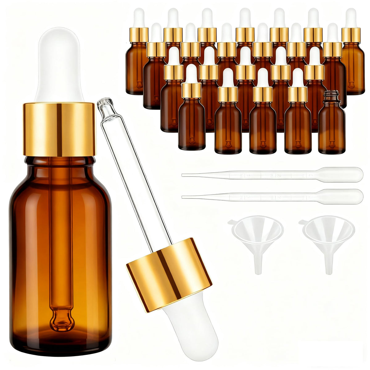 PrettyCare amber glass eye dropper bottle with long dropper for precise dispensing.