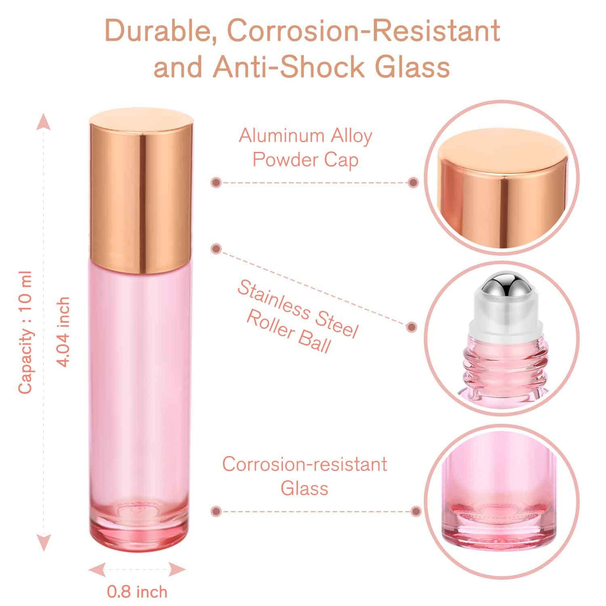 PrettyCare pink glass bottle close-up with stainless steel roller ball for precise application.
