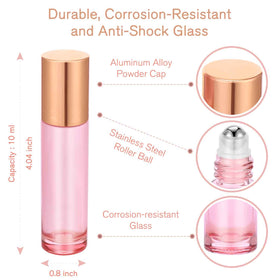PrettyCare pink glass bottle close-up with stainless steel roller ball for precise application.