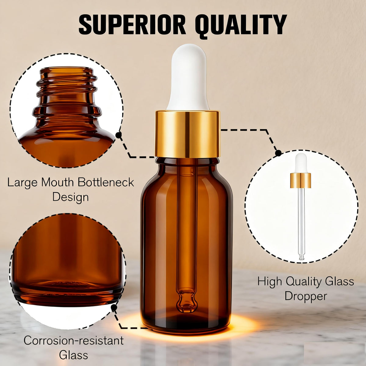 PrettyCare amber glass protects contents from light for better storage safety.